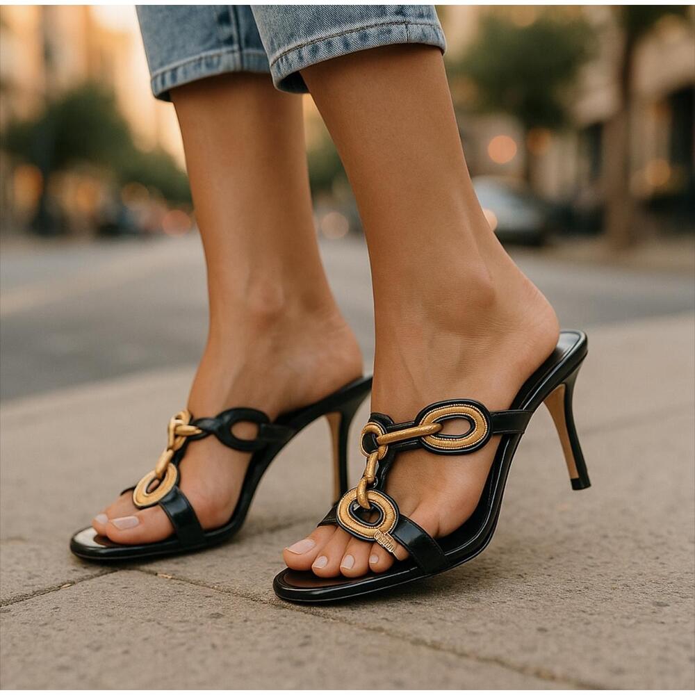 NWT Karl Lagerfeld Paris Black Gold Chain Open Toe Stiletto Heels Size 9.5B - Picture 2 of 8
